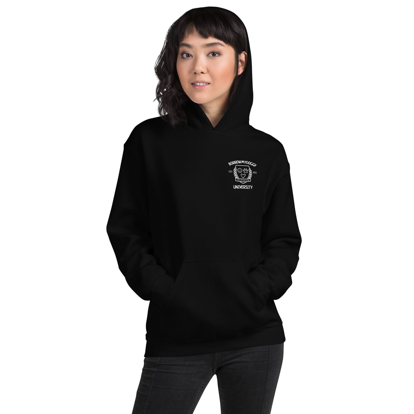 Black BorrowMyDoggy university unisex hoodie