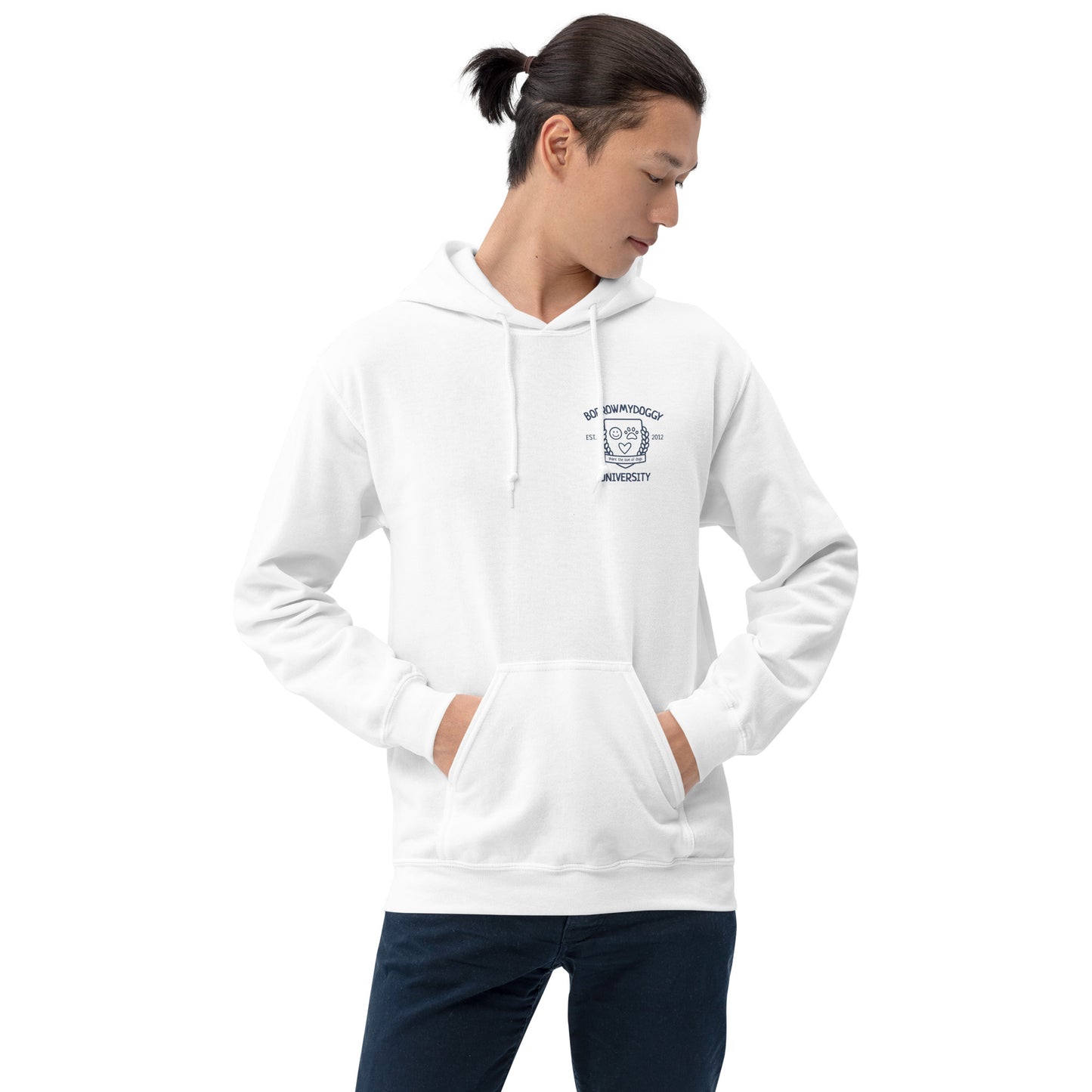 White BorrowMyDoggy university unisex hoodie