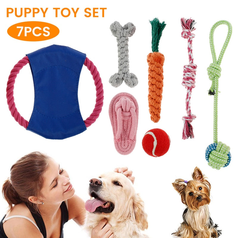 7 Pcs Interactive Dog Toy Kit Cotton Rope Ball Chew Flying Disc Toys for Large Medium Small Dogs Teeth Cleaning Pet Products